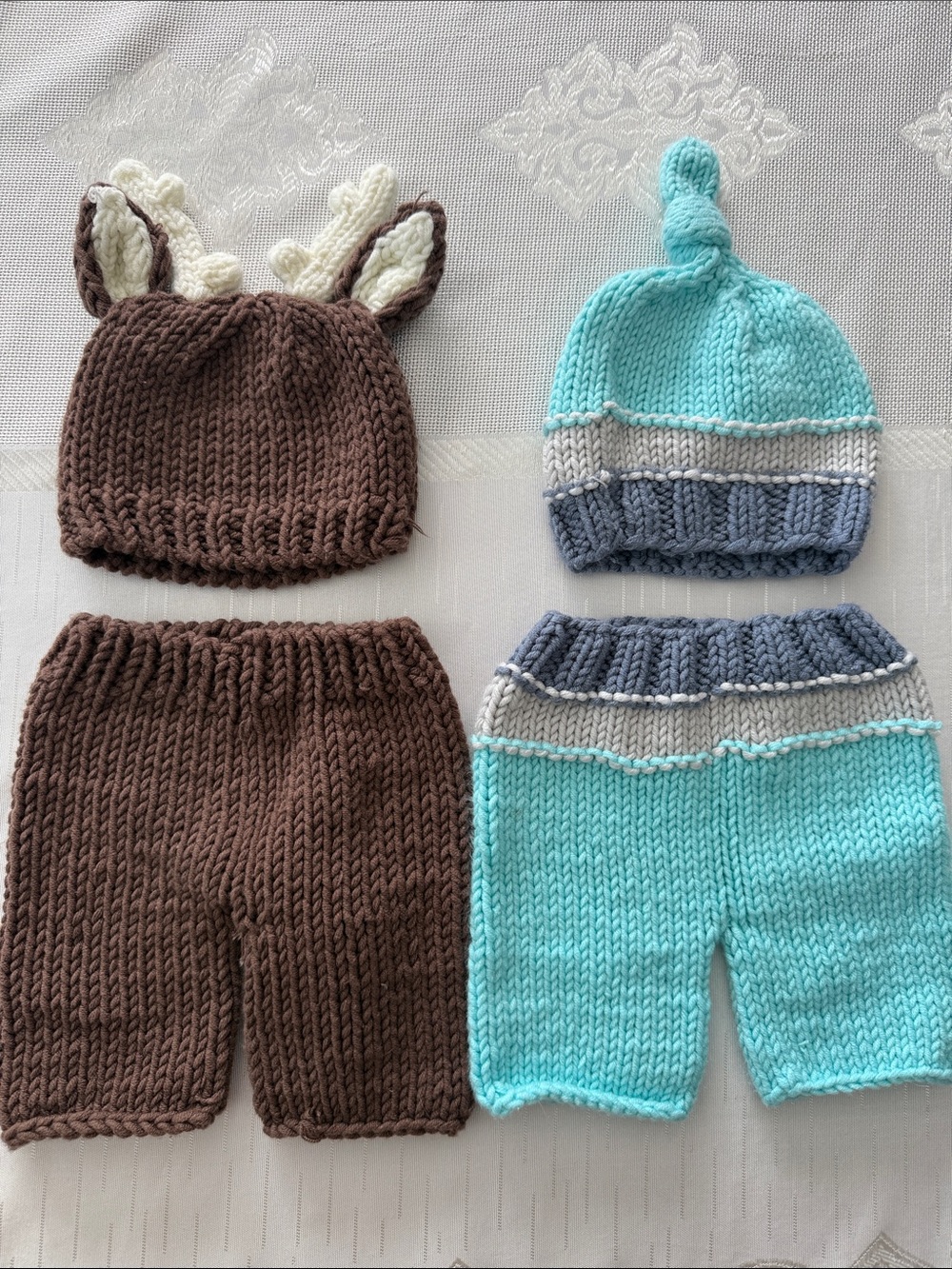 Hand-Knit Kids Brown Deer Hat & Short Set and Aqua Stripe Knit Hat & Shorts